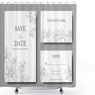 Personality  Vector Elegant Wedding Invitation Cards With White Narcissus Flowers Illustration. Engraved Ink Art.  Shower Curtains