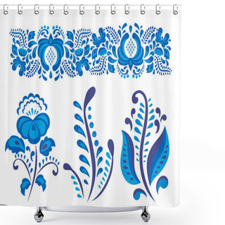 Personality  Russian Ornaments Art Gzhel Style Painted With Blue On White Flower Traditional Folk Bloom Branch Pattern Vector Illustration. Shower Curtains