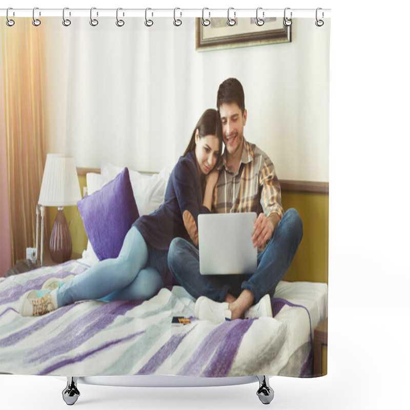 Personality  Loving Couple Using Laptop In Hotel Room Shower Curtains