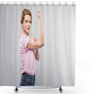 Personality  Feminist Woman In Pink T-shirt Showing Muscles, Isolated On Grey Shower Curtains
