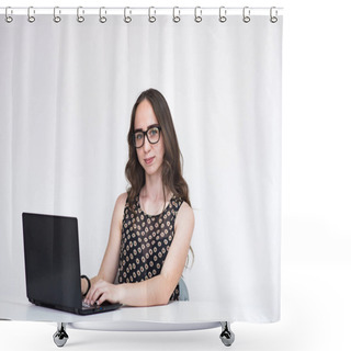 Personality  Tell Me About Your Illnesses. Portrait Of Beautiful Brunette Manager Girl On White Background With Laptop. She Sits Right In Front Of The Camera Smiling And Looks Serious Shower Curtains