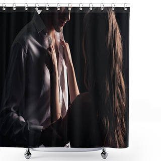 Personality  Back View Of Woman Undressing Man Shirt Isolated On Black Shower Curtains