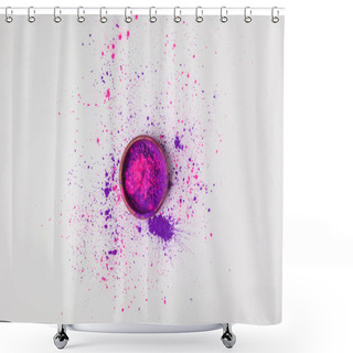 Personality  Top View Of Purple And Pink Holi Powder In Bowl Isolated On White Shower Curtains