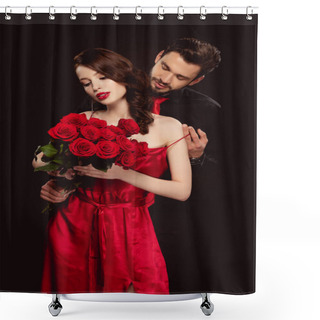 Personality  Handsome Man Taking Off Dress From Elegant Girlfriend With Red Roses Isolated On Black Shower Curtains