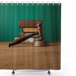 Personality  Bottom View Of Volumes Of Brown Books In Leather Covers And Gavel On Wooden Table On Dark Green Background Shower Curtains
