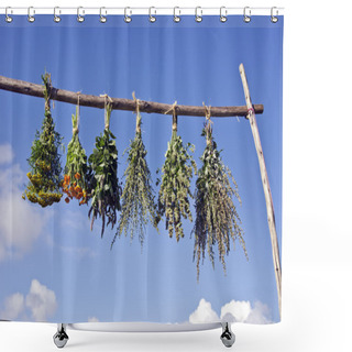 Personality  Bundles Of Fresh Medical Herbs Hanged To Dry On  Wooden Stick Shower Curtains