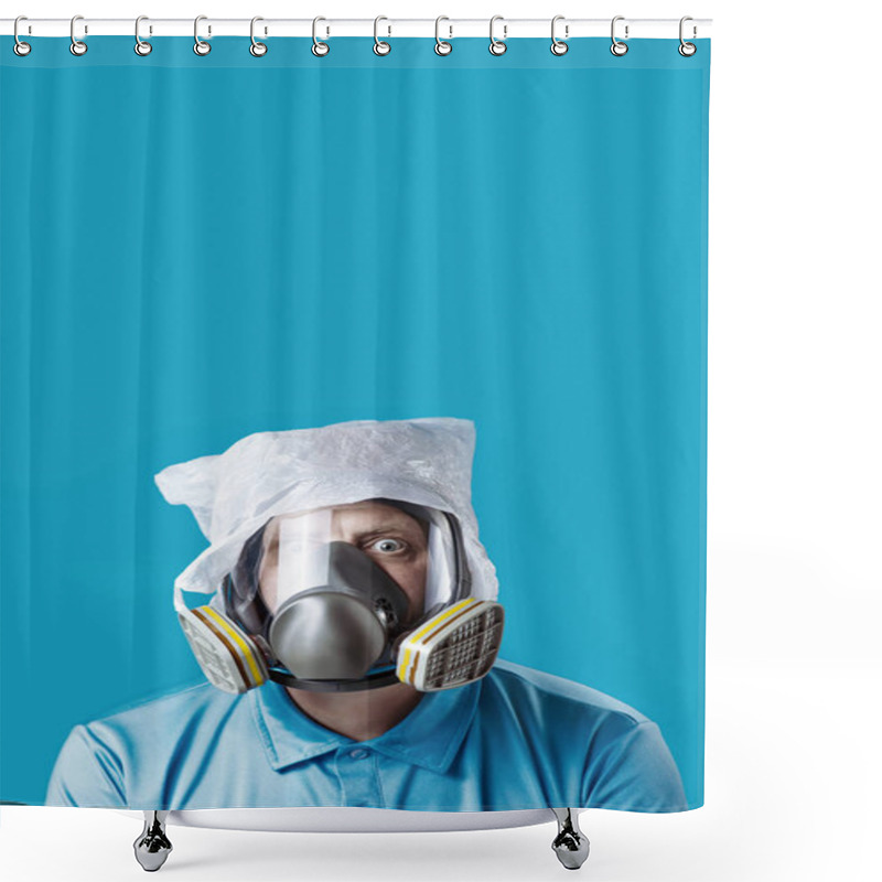 Personality  A Man In A Gas Mask And A Plastic Bag On His Head Symbolizes The Protection Of The Environment From Pollution On Blue Background Shower Curtains