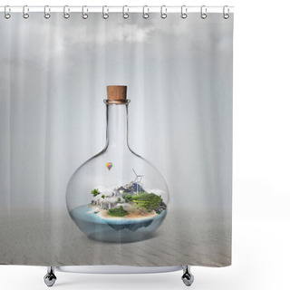Personality  Corked Glass Bottle With Beautiful Island And Sea Inside. Shower Curtains