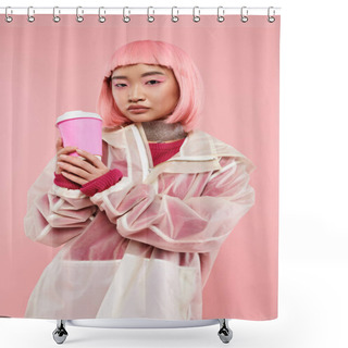 Personality  Confident Asian Young Woman With Pink Hair Posing With Coffee Cup Against Vibrant Background Shower Curtains