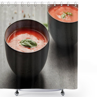 Personality  Plates With Tasty Tomato Soup And Basil On Grey Table Shower Curtains