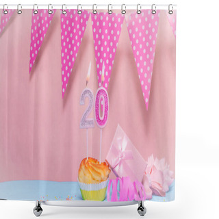 Personality  Date Of Birth  20. Greeting Card In Pink Shades. Anniversary Candle Numbers. Happy Birthday Girl, Polka Dot Garland Decoration. Copy Space. Shower Curtains