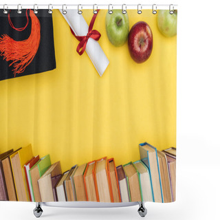 Personality  Top View Of Books, Apples, Academic Cap And Diploma On Yellow Surface Shower Curtains
