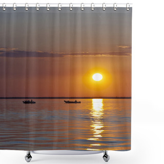 Personality  Sunset Over A Lake Shower Curtains