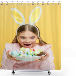 Personality  Excited Child With Bunny Ears Looking At Easter Eggs In Basket Isolated On Yellow  Shower Curtains