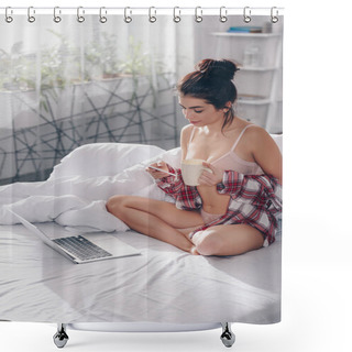 Personality  Girl With Laptop, Smartphone In Bed Shower Curtains