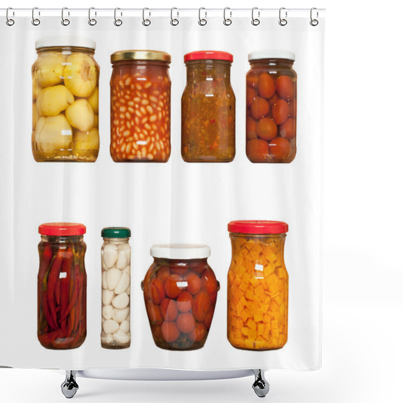 Personality  Preserved Carrots, Tomatoes, Garlic, Chilli, Beans On White Background Shower Curtains