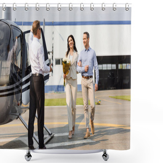 Personality  Happy Husband And Wife On Romantic Date Near Helicopter And Pilot Shower Curtains