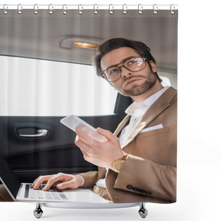 Personality  Businessman In Glasses Working Remotely With Laptop While Holding Smartphone In Car Shower Curtains