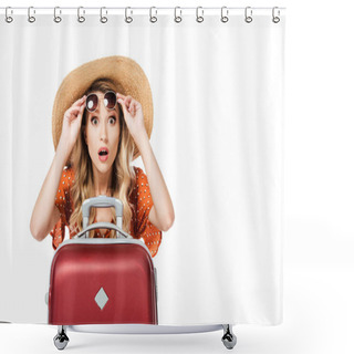 Personality  Shocked Beautiful Girl Holding Sunglasses And Sitting Near Travel Bag Isolated On White  Shower Curtains