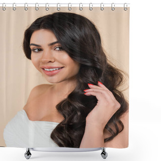 Personality  Cheerful Woman With Makeup Touching Wavy Hair Isolated On Beige  Shower Curtains