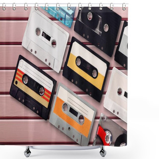 Personality  Collection Of Retro Audio Tapes On Background Shower Curtains