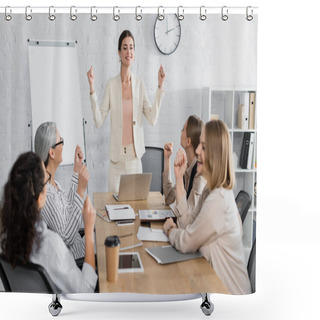 Personality  Smiling Team Leader Standing With Clenched Fists Near Multicultural Businesswomen On Blurred Foreground  Shower Curtains