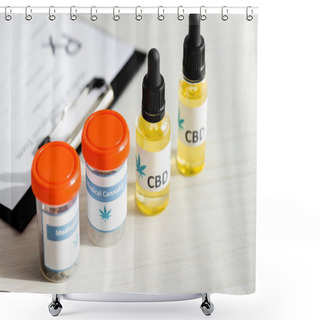 Personality  Selective Focus Of Bottles With Medical Cannabis And Cbd Lettering Near Clipboard  Shower Curtains