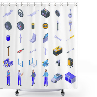 Personality  Car Mechanic Icons Set, Isometric Style Shower Curtains