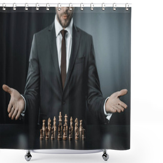 Personality  Businessman Sitting At Table With Chess Pieces Shower Curtains