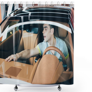 Personality  Selective Focus Of Handsome Man Sitting At Steering Wheel In New Car Shower Curtains