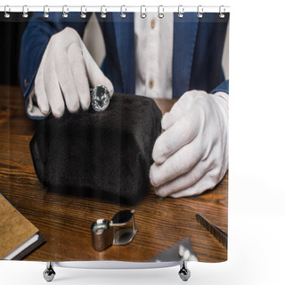 Personality  Cropped View Of Jewelry Appraiser In Gloves Holding Gemstone Near Tools On Table On Grey Background Shower Curtains