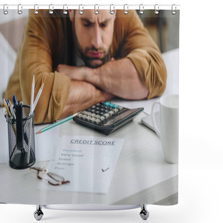 Personality  Selective Focus Of Sad Man With Closed Eyes Lying On Table  Shower Curtains