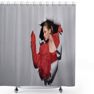 Personality  Stylish Young Woman In Red Blazer And Gloves Breaking Though Hole In Grey Background, Conceptual Shower Curtains