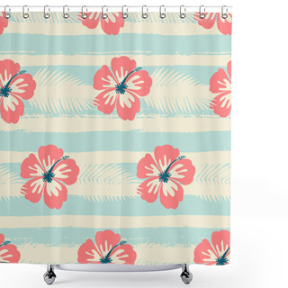Personality  Hibiscus Flowers And Stripes Seamless Pattern Shower Curtains
