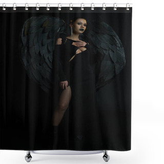 Personality  Woman In Sexy Dress And Fantasy Dark Demon Wings Looking At Camera On Black, Halloween Concept Shower Curtains