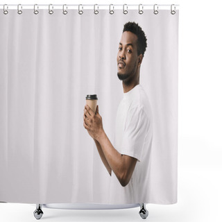Personality  Happy African American Man Holding Paper Cup Isolated On White  Shower Curtains