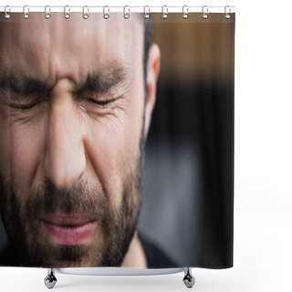 Personality  Portrait Of Handsome Bearded Man Crying With Closed Eyes With Tears On Face Shower Curtains