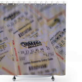 Personality  Closeup Photo Of Lottery Ticket Of Mega Millions, North Carolina, USA. October 30, 2018 Shower Curtains
