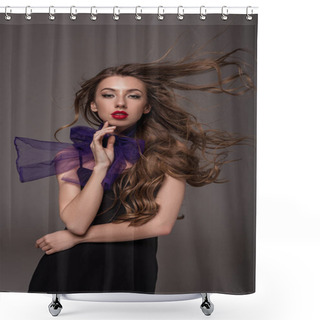Personality  Attractive Elegant Girl With Long Hair Posing For Fashion Shoot, Isolated On Grey Shower Curtains