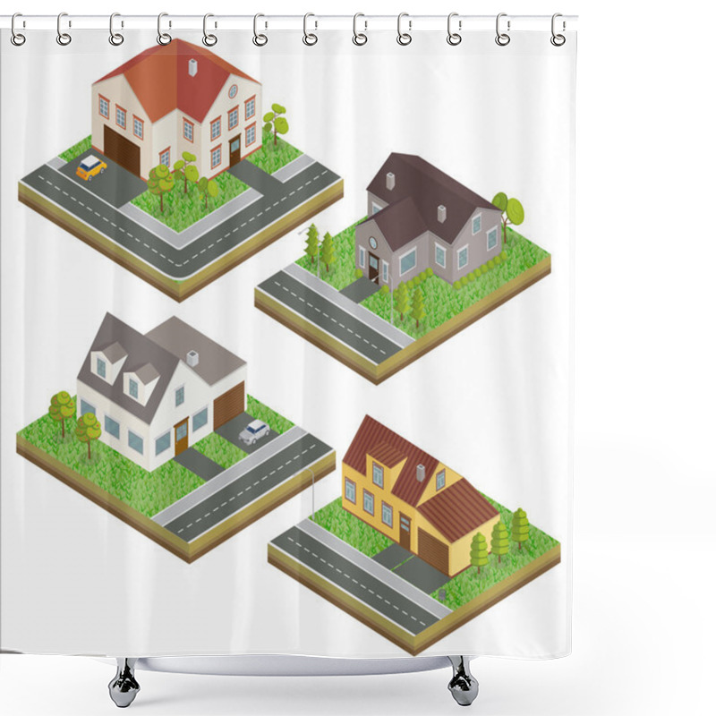 Personality  Modern Houses. Modern Home. Isometric Concept. Real Estate. Cottage. Isometric House. Computer Icon. Modern Scandinavian Style. Vector Illustration Shower Curtains