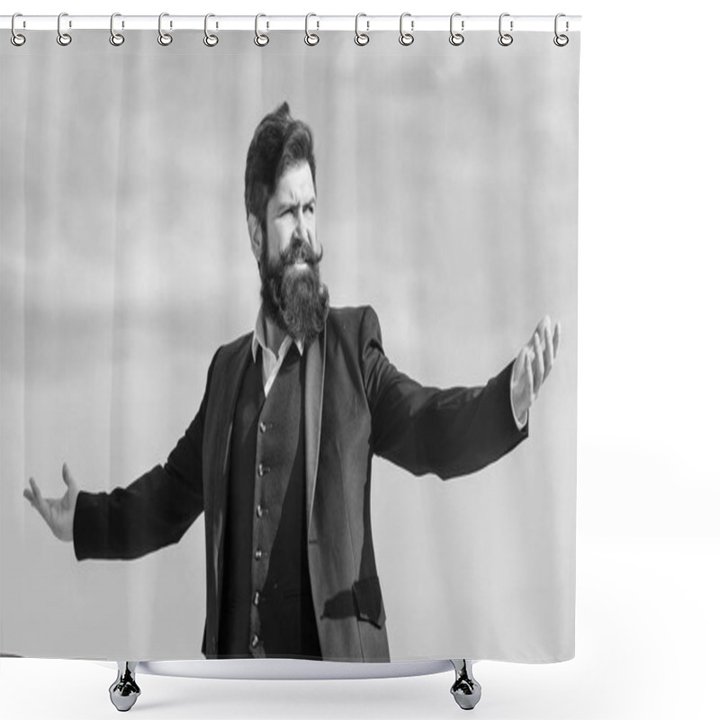 Personality  Man Bearded Proud Himself Sky Background. Superiority And Power. Feeling Undefeated. Proud Of Himself. Self Proud And Narcissistic. Hipster Bearded Attractive Enjoy Freedom. Guy Enjoy Top Achievement Shower Curtains