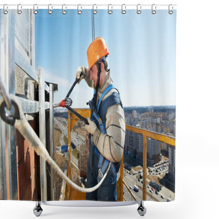 Personality  Worker Builders At Facade Tile Installation Shower Curtains
