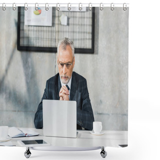 Personality  Pensive Handsome Middle Aged Businessman Looking At Laptop In Office Shower Curtains