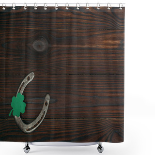 Personality  Top View Of Horseshoe And Green Shamrock On Wooden Table Shower Curtains