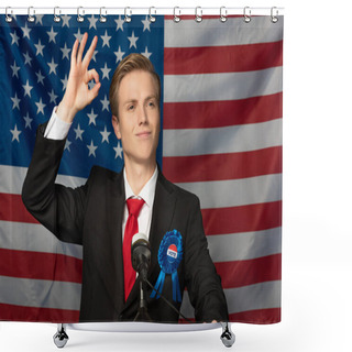 Personality  Smiling Man Showing Ok Sign While On Tribune On American Flag Background Shower Curtains