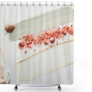 Personality  Cosmetic And Tone Cream, Clay Brushstrokes With Pink Blusher On Grey Background Shower Curtains