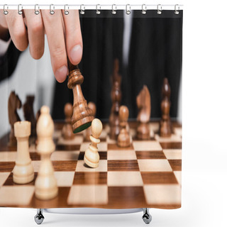 Personality  Cropped View Of Businessman Holding Chess Figure Above Chessboard  Shower Curtains