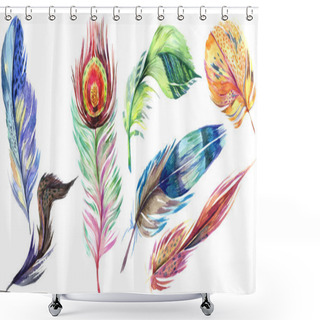 Personality  Colorful Bird Feather From Wing Isolated. Aquarelle Feather For Background. Watercolor Illustration Set. Watercolour Drawing Fashion Aquarelle Isolated. Isolated Feather Illustration Element. Shower Curtains