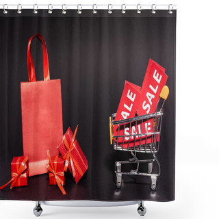 Personality  Shopping Bag And Gifts Near Toy Cart With Sale Tags On Dark Background, Black Friday Concept  Shower Curtains