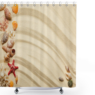 Personality  Top View Of Seashells, Red Starfish And Corals On Sandy Beach  Shower Curtains